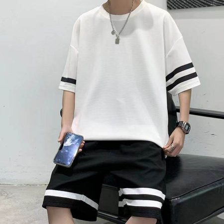 西裝華夫格短袖T恤 男士夏季時尚潮流半袖男士寬鬆大碼服裝 男士T恤