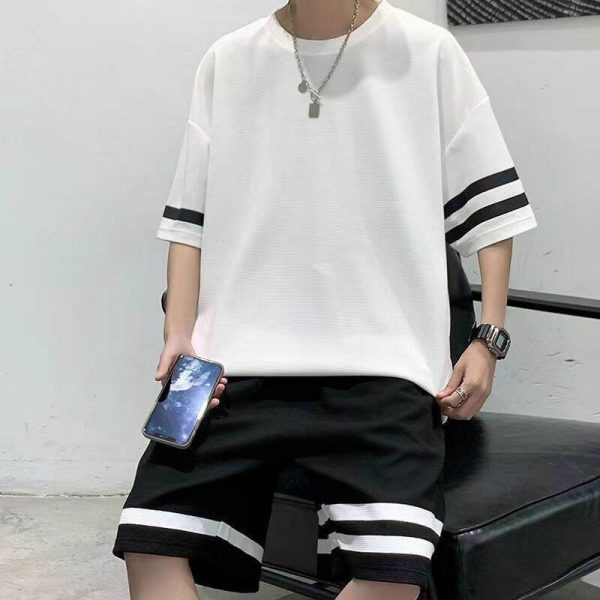 西裝華夫格短袖T恤 男士夏季時尚潮流半袖男士寬鬆大碼服裝 男士T恤